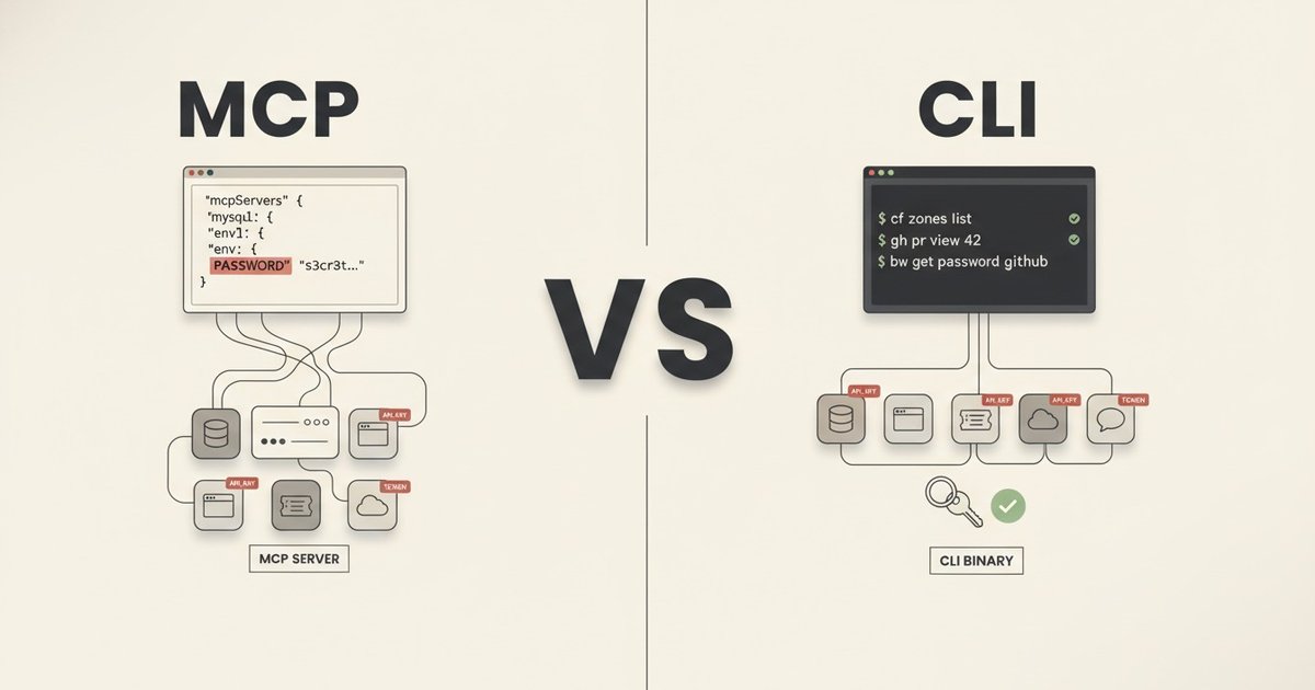 A split-frame editorial illustration titled MCP vs CLI on a cream background. The left side shows a JSON config snippet with an exposed PASSWORD field highlighted in red, and a cluster of service tiles (database, browser, ticket, cloud, chat) each tagged with a red API_KEY warning, all tangled into a central MCP SERVER box. The right side shows a clean terminal with commands cf zones list, gh pr view, bw get password, a keyring icon with a green check, and the same services arranged in an orderly row connected cleanly to a single CLI BINARY box.