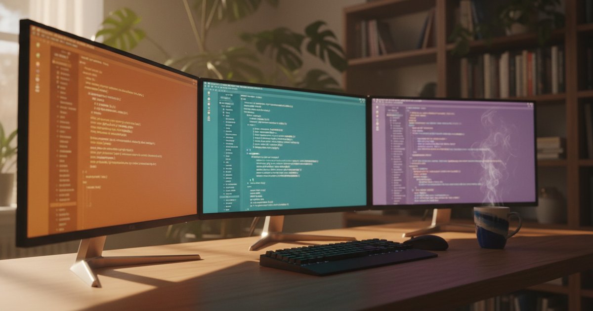 Cinematic photograph of a warm home-office workspace: three curved monitors on a wooden desk, each displaying a different code-editor theme (amber, teal, and purple) representing three parallel development contexts running side by side